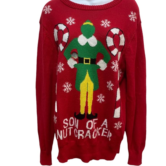 Elf Christmas sweater crewneck red medium Son of a Nutcracker Flawed - Picture 1 of 4